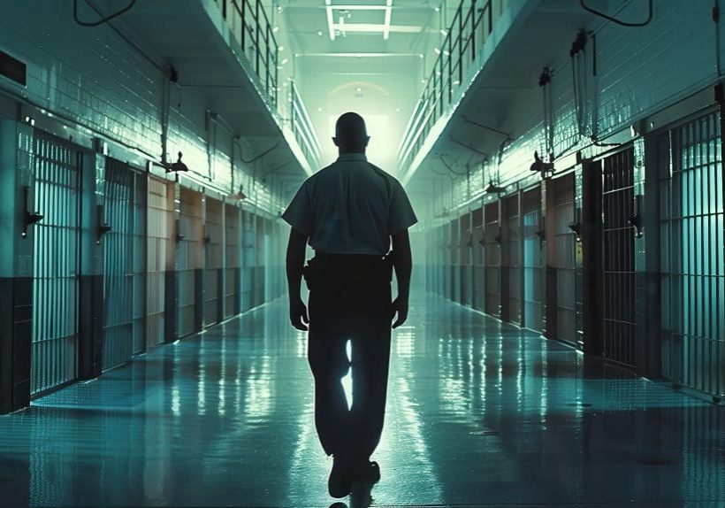 A prison guard walking down a dimly lit cellblock corridor